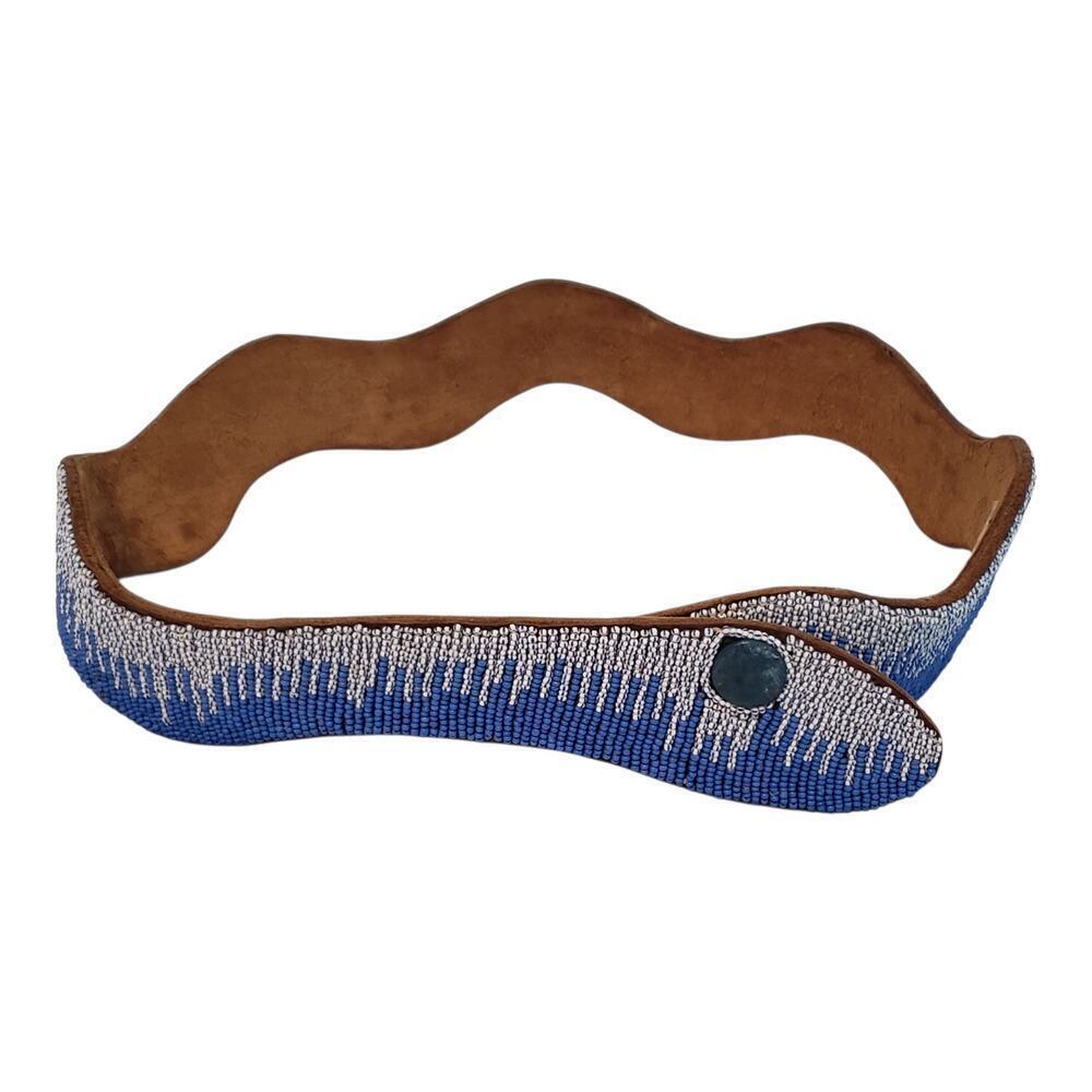 Vintage Snake Belt Hand Beaded Blue White Beads Genuine Leather Made In Kenya